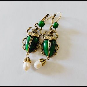 Green Scarab Drop Earrings with Pearl Accent - Women Jewelry